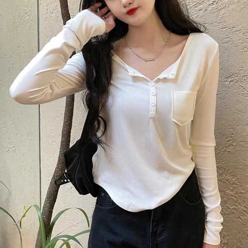 Áo Thun Nữ dài tay cổ V phối khuy siêu hot