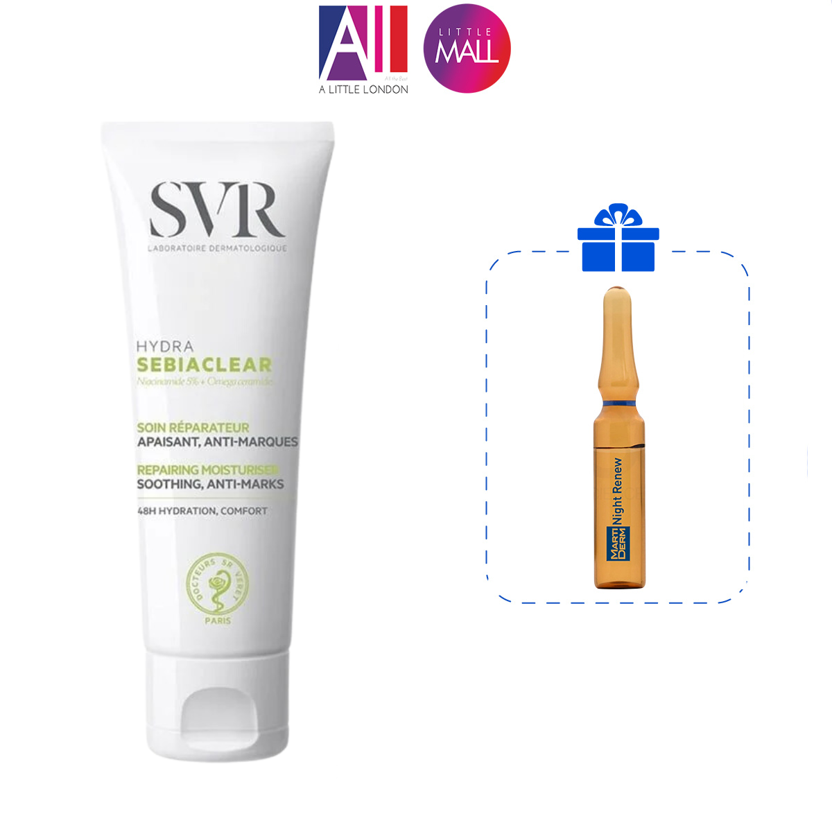 Kem dưỡng ẩm cho da mụn SVR Sebiaclear hydra 40ml TẶNG Ampoule chống lão hóa Martiderm (Nhập khẩu)