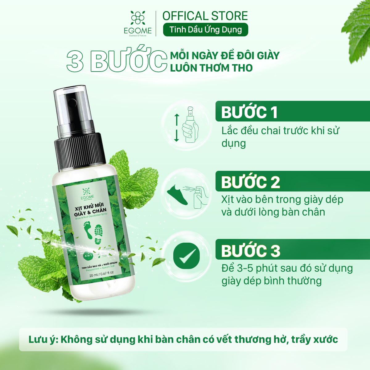 Xịt Khử Mùi Giày Và Chân Egome Tinh Dầu Bạc Hà làm sạch và thơm mát 20ml