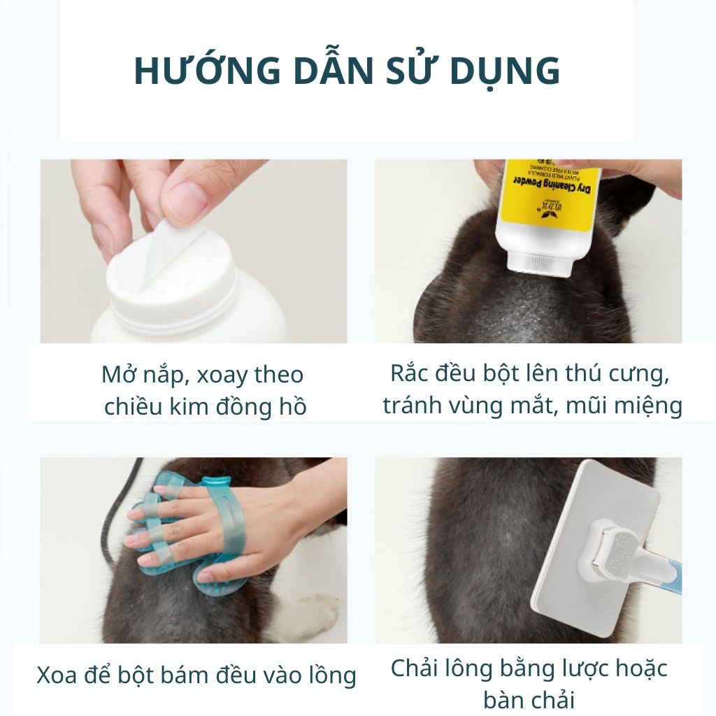 Bột tắm khô Dorrikey giúp khử khuẩn làm sạch cơ thể cho thú cưng - Chai 260g