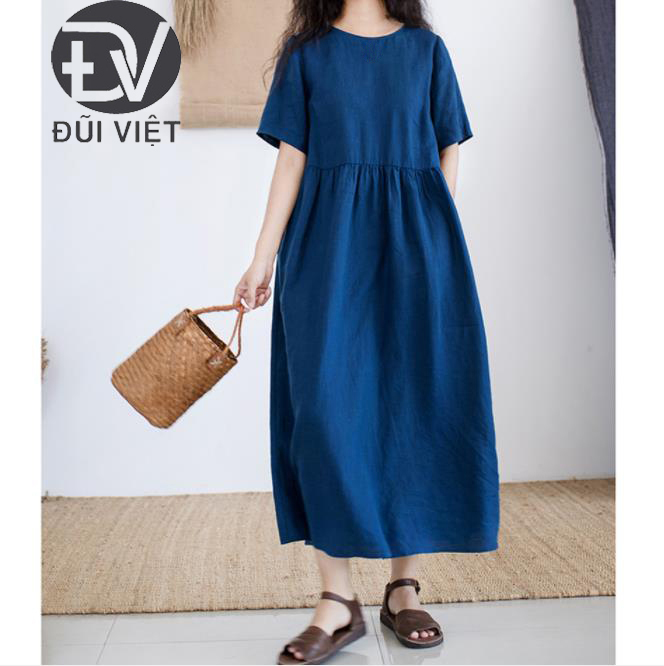 Đầm trơn basic dáng suông bigsize, Đầm suông đũi cổ tròn ngắn tay, chất đũi mềm mát Đũi Việt