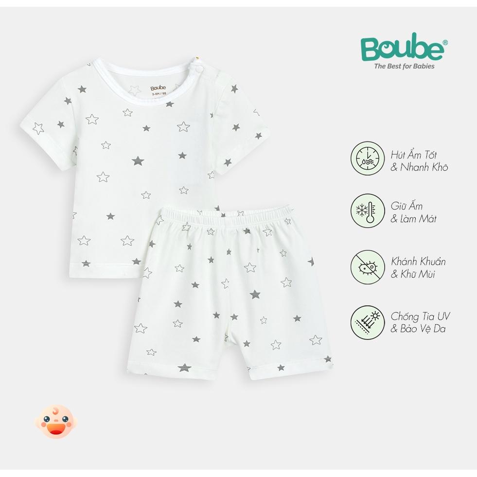 Bộ cộc tay cúc bấm vai hoạ tiết ngôi sao Boube cho bé - Chất liệu Petit mềm mại thoáng mát từ 0 đến 24 tháng