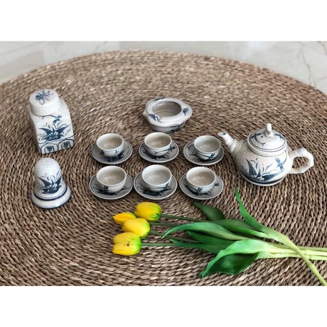 Bộ Ấm Chén Men Rạn Cổ Vẽ Chuồn Chuồn Quai Trúc