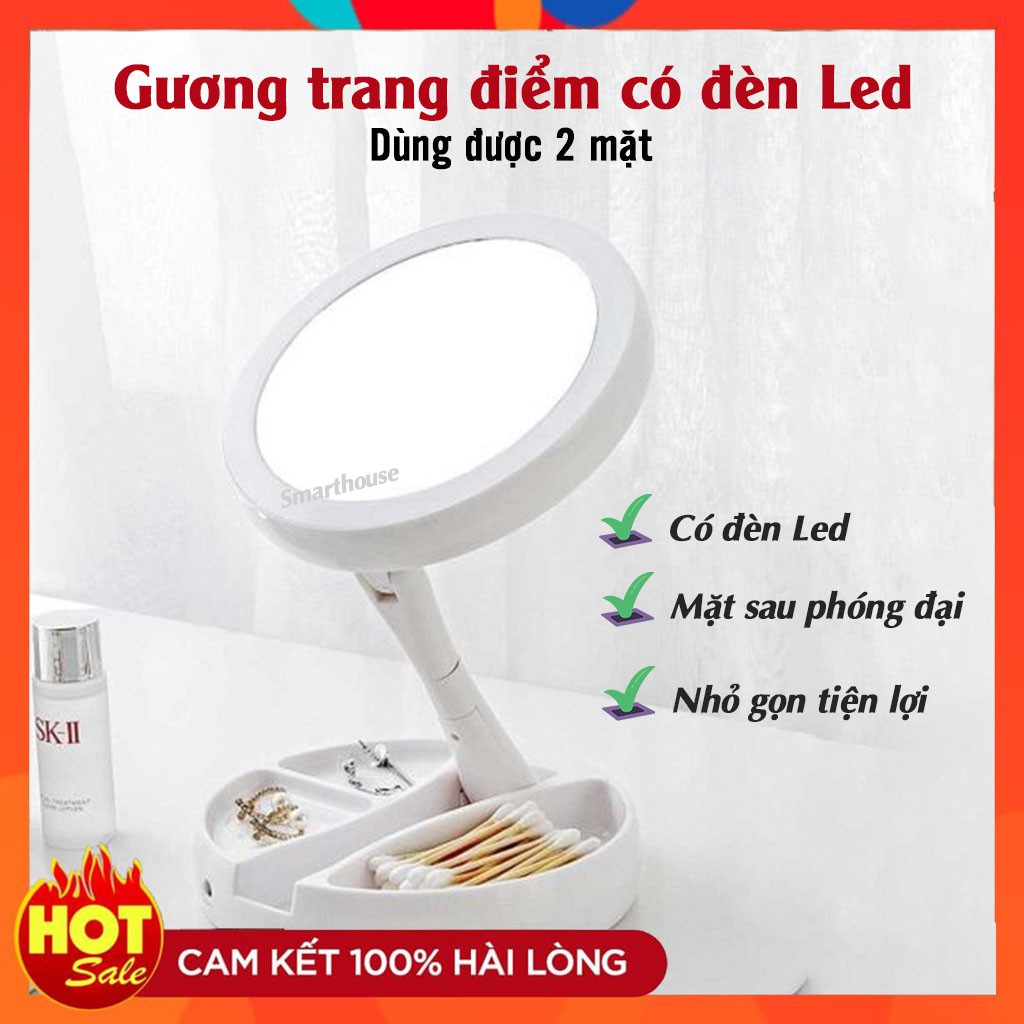 Gương Trang Điểm Make Up Có Đèn Led 2 Mặt, Mặt Sau Phóng Đại Gấp Gọn Tiện Lợi Xoay 360 Độ