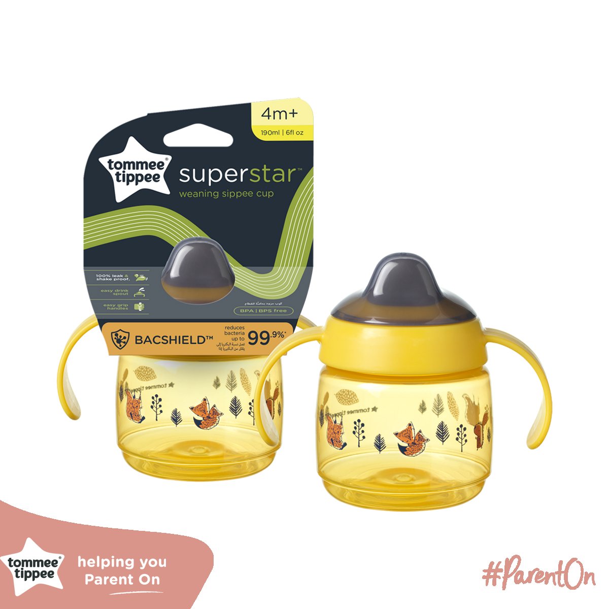 Bình tập uống nước có vòi mút kháng khuẩn chống tràn, chống sặc cho bé Tommee Tippee SuperStar, 190ml – Vàng