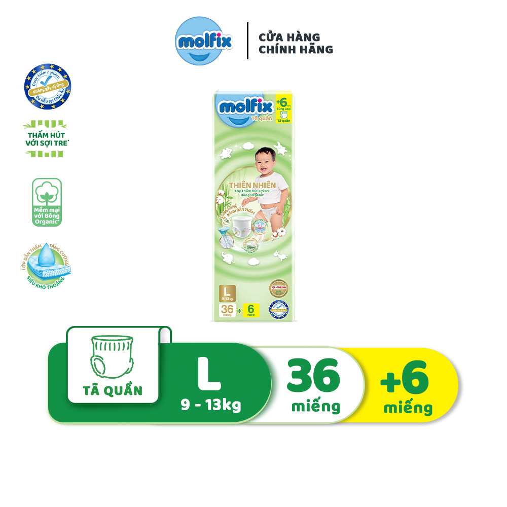 Tã/bỉm quần Molfix Thiên nhiên Jumbo L - Gói 36+6 miếng