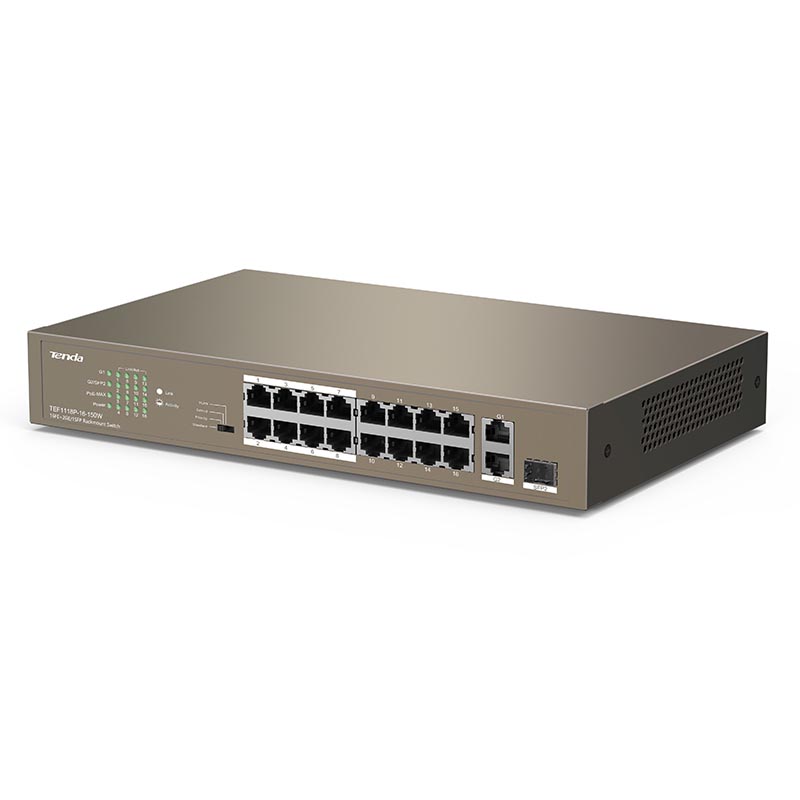 Bộ chia mạng switch 16 cổng PoE và 1 port 10/100/1000Mbps TEF1118-16-150W Tenda hàng chính hãng