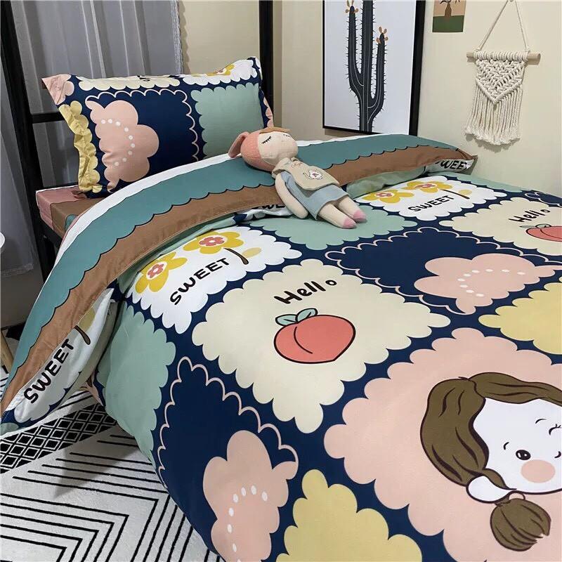 Bộ chăn ga gối Cotton poly M2T bedding Cô bé thỏ trắng, vỏ chăn mền, drap nệm và 2 vỏ gối