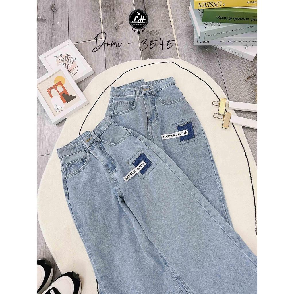 Quần jean nữ ống rộng, quần bò màu xanh nhạt kiểu vá vuông có tag siêu cưng lạ mắt Lê Huy Fashion MS 3545