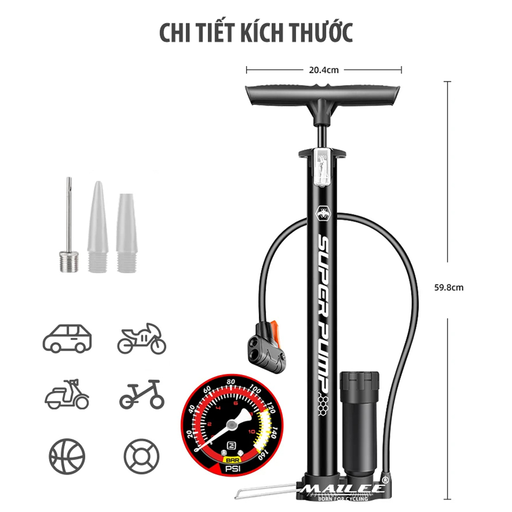 Bơm Tay Xe Đạp SP-P32 với tay cầm chống trượt, đầu bơm đa van 160PSI, Đa Dụng cho Xe Đạp, Xe máy, Xe Ô Tô, lõi nhôm bên trong, kín chống ngược khí - Mai Lee