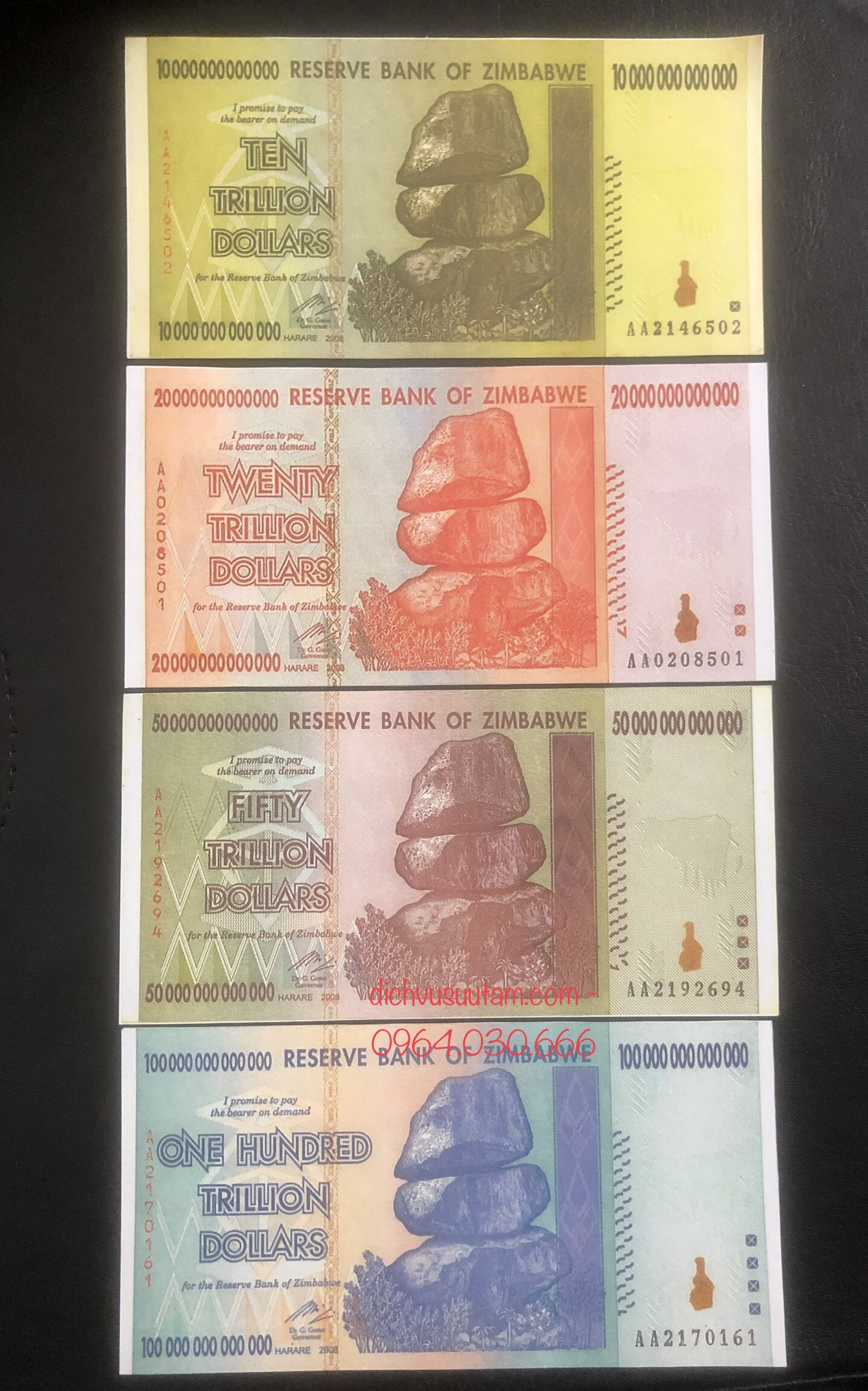 Combo 4 tờ tiền lạm phát Zimbabwe mệnh giá 10 ngàn ti, 20 ngàn tỉ, 50 ngàn tỉ, 100 ngàn tỉ COPY lưu niệm