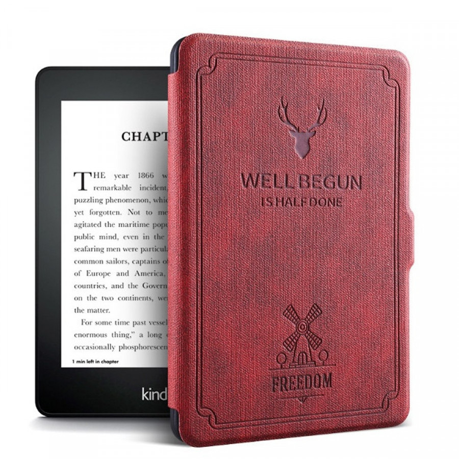 Combo Máy Đọc Sách Kindle Paperwhite Gen 10th (8GB - Màu Đen) và Bao da WELL BEGUN Màu Đỏ Đô - Hàng Chính Hãng