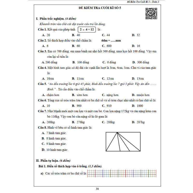 Đề Kiểm Tra Toán 2 - Tập 2