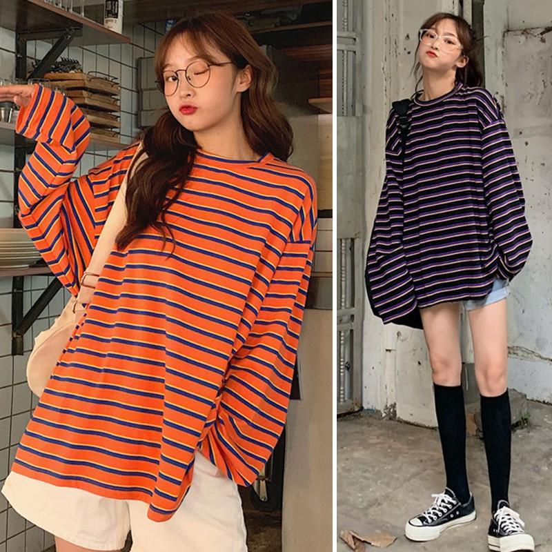 Áo thun tay dài form rộng kẻ sọc ngang phong cách Hàn Quốc