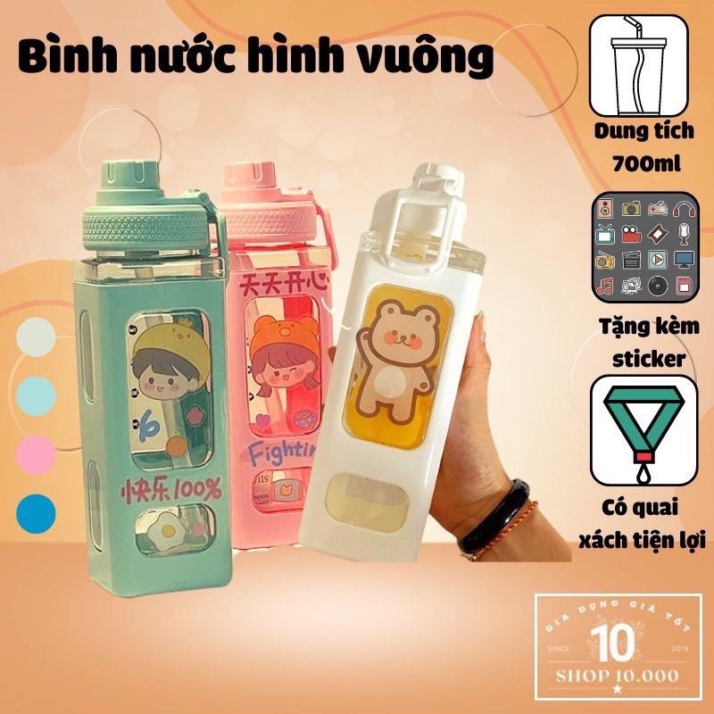 Bình Nhựa Vuông Đựng Nước Kèm Sticker Chìm - Bình Nước Dung Tích 700ml