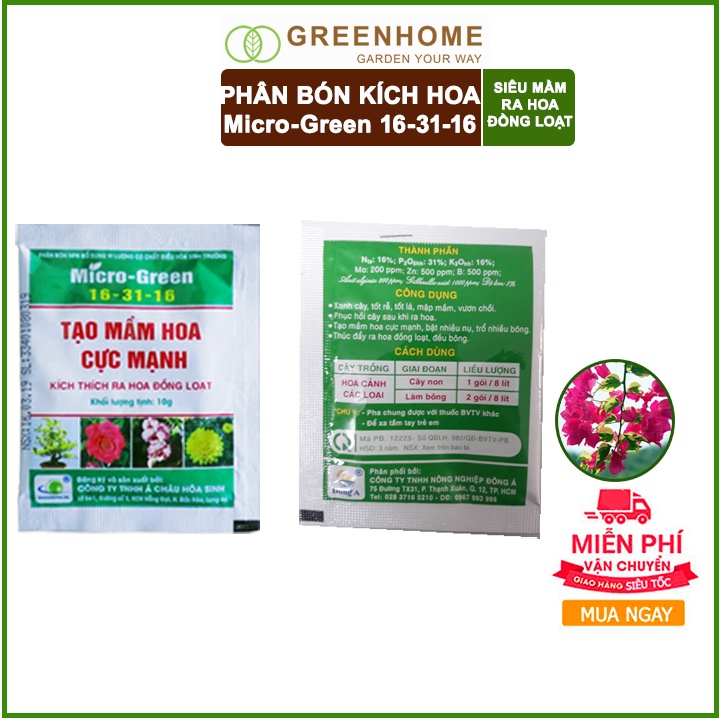 Phân Bón Ra Hoa, Greenhome, Micro Green, Gói 10gr, Tạo Mầm Hoa Cực Mạnh, Thúc Đẩy Ra Hoa Đồng Loạt, Hoa To, Lâu Tàn