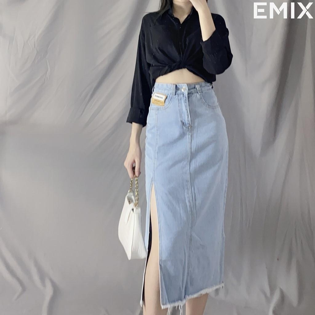 Chân váy jean xẻ chân EMIX (màu xanh), dáng dài, 1 lớp, cạp cao, dài 78cm, chất jean mềm mịn đứng dáng, xẻ chân cuốn hút