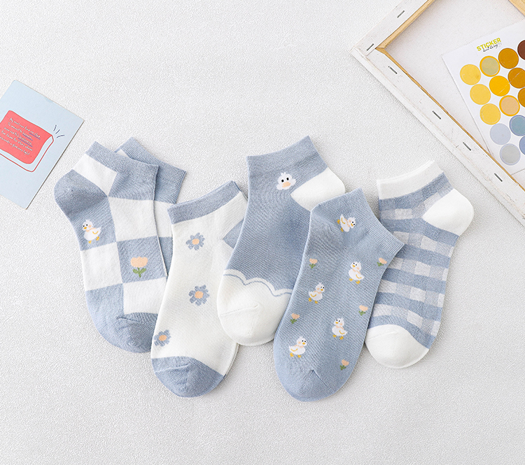 Tất nữ vớ nữ cổ ngắn set 5 đôi họa tiết cute dễ thương kèm túi - màu vịt xanh dương