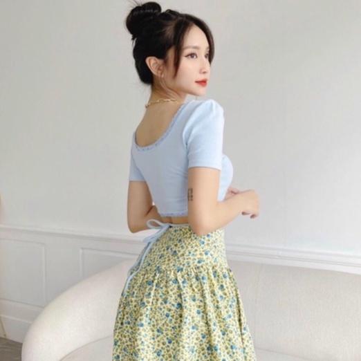 Áo Croptop cổ tim viền ren dây cột eo