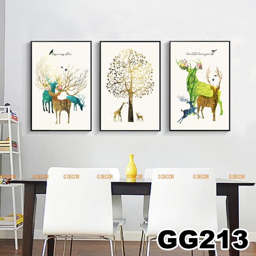 Tranh treo tường canvas 3 bức phong cách hiện đại Bắc Âu 11, tranh hươu trang trí phòng khách, phòng ngủ, phòng ăn, spa
