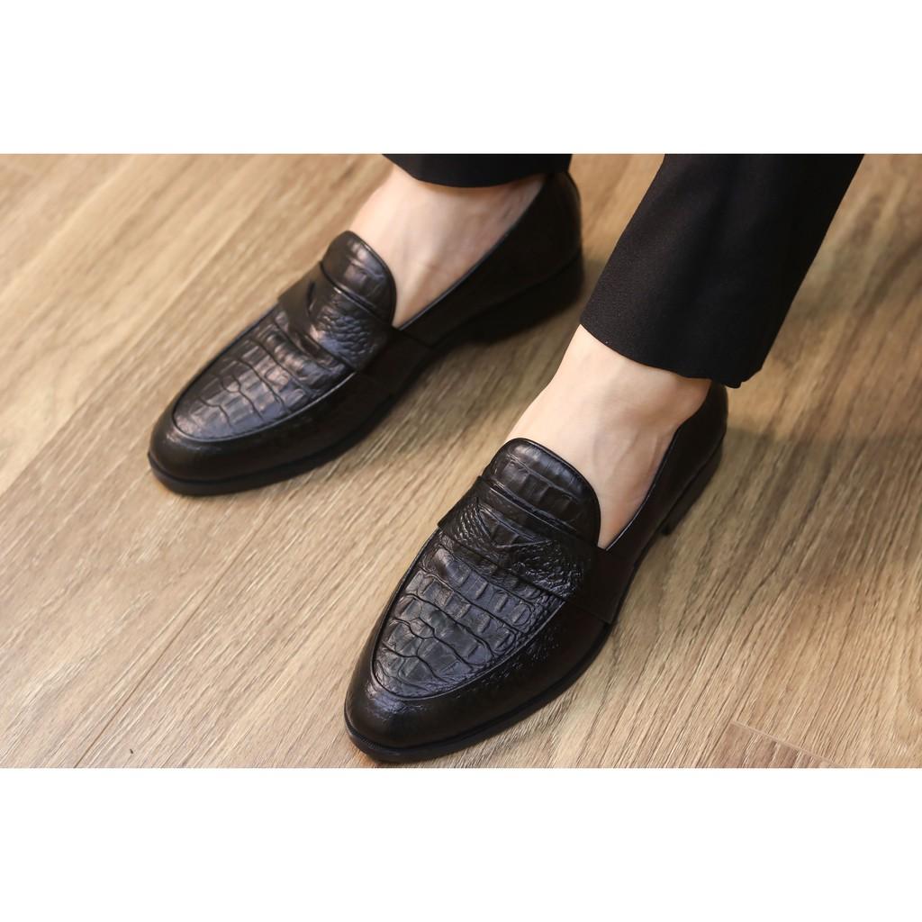 Giày lười da nam - Giày da nam công sở dập vân cá sấu - Đế cao su non cao 3cm, Mã x091, Hàng Việt