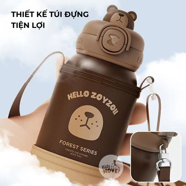 Bình nước giữ nhiệt cho bé Zoyzoii E8 có túi đựng Thermos cup, chất liệu inox 316 cao cấp, nắp chống rò nước an toàn, hình thú đáng yêu - Hàng chính hãng