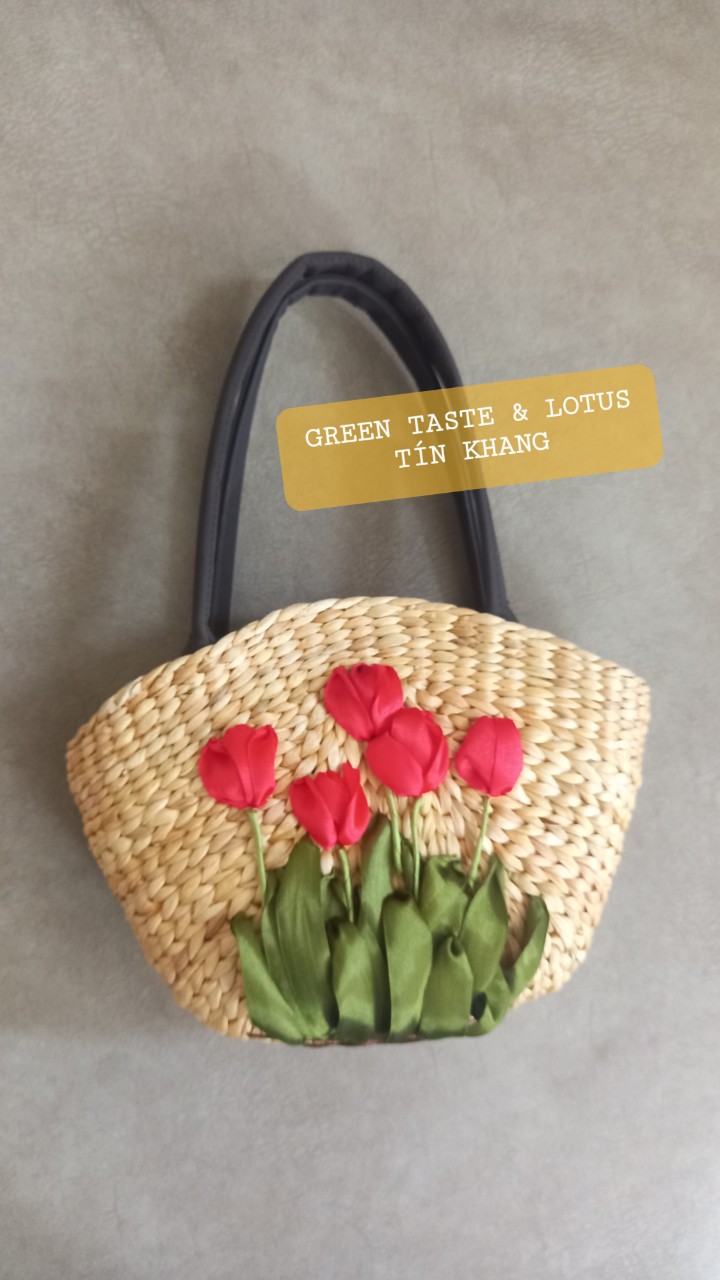 Túi Xách Lục Bình Thêu Hoa Tulip Sang Trọng-Giỏ Lục Bình Mỹ Nghệ TXLBTHTLLTK03
