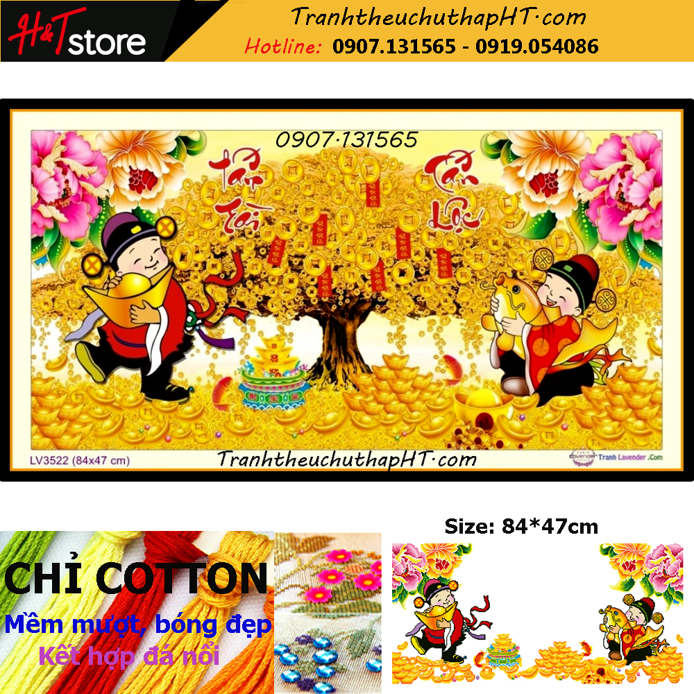 Tranh đính đá cao cấp tài lộc - Tranh thêu chữ thập Tấn tài tấn lộc LV3522, LV3497, LV522, LV517: 120*65cm - tự đính