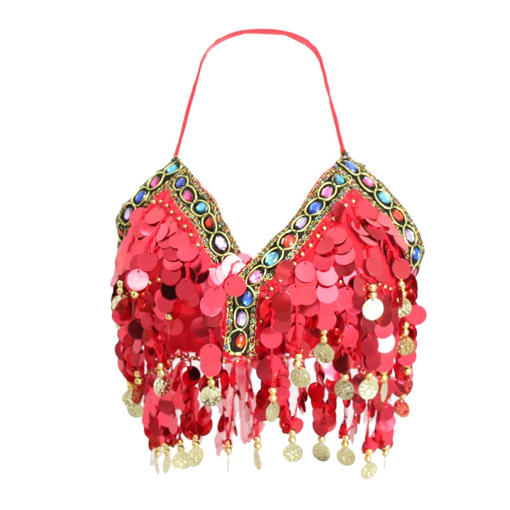Womens Sparkling Belly Dance Bra Sequins Tassel Coins Top Samba Dancing Costume