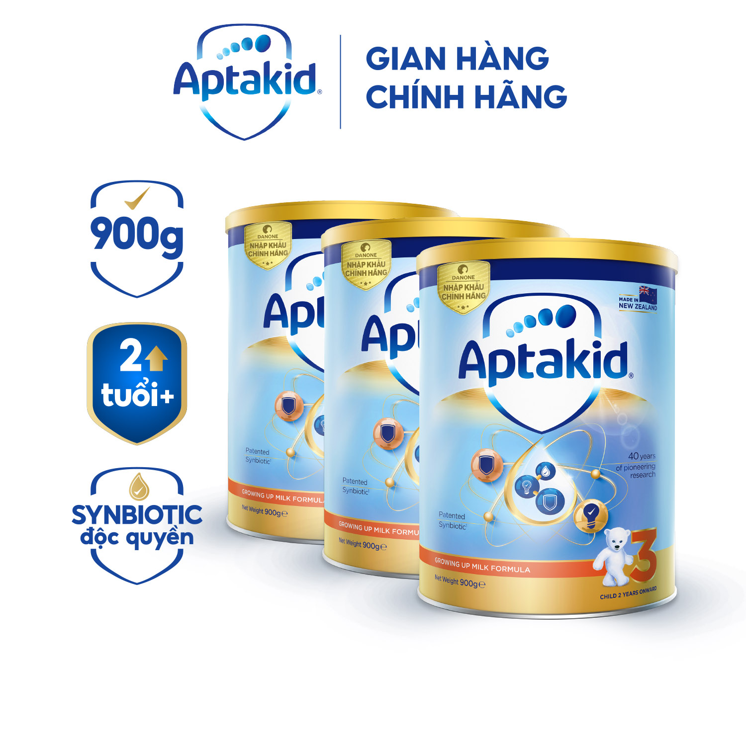 Combo 3 Sữa bột Aptakid New Zealand hộp thiếc (900g/lon) cho bé trên 24 tháng tuổi