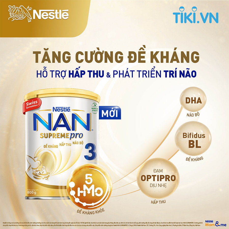 Sữa bột Nestlé NAN SupremePro 3 nhập khẩu từ Đức với 5HMO giúp tăng đề kháng, đạm Gentle Optipro giúp dễ hấp thu & ngừa nguy cơ dị ứng