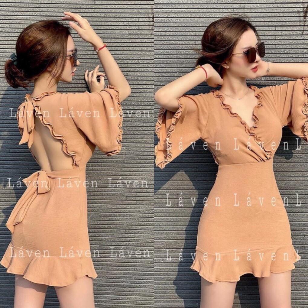 Đầm đũi xòe bèo hở lưng cột nơ kèm mút + Ảnh thật