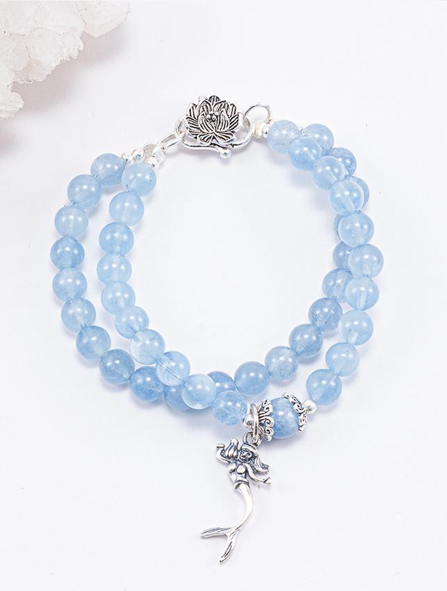Vòng Chuỗi Hạt Đeo Tay 2 Lines Đá Hải Lam Ngọc Phối Charm Tiên Cá Bạc (6mm) mệnh Thủy, Mộc Ngọc Quý Gemstones