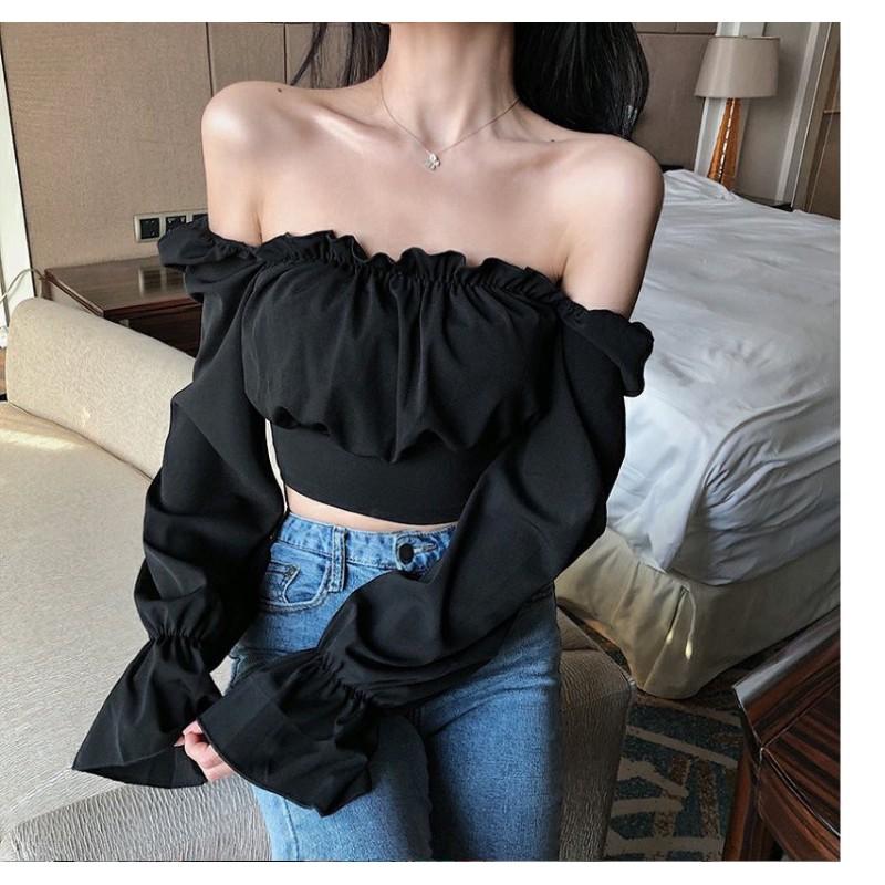 Áo kiểu trễ vai croptop đan dây nơ lưng mẫu 2021