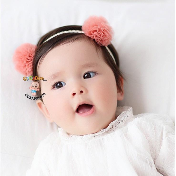 Băng Đô Chất Ren Phối 2 Quả Bông cực xinh Cho Bé Gái