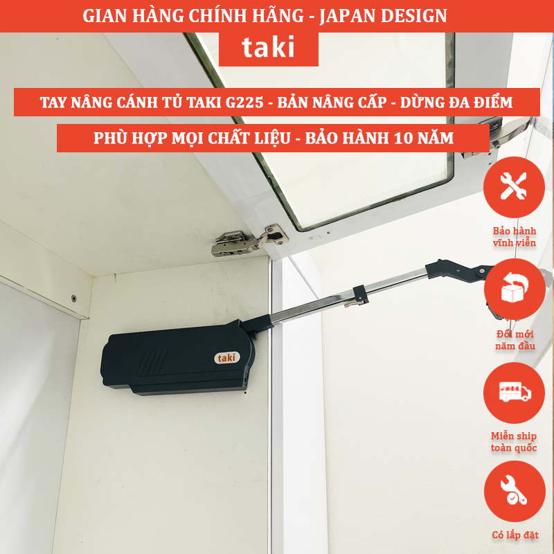 Tay Nâng Cánh Tủ TAKI Bản Nâng Cấp 2025 -  Mã G225 Có Điều Chỉnh Lực - Phù Hợp Mọi Chất Liệu  - Bảo Hành 10 Năm