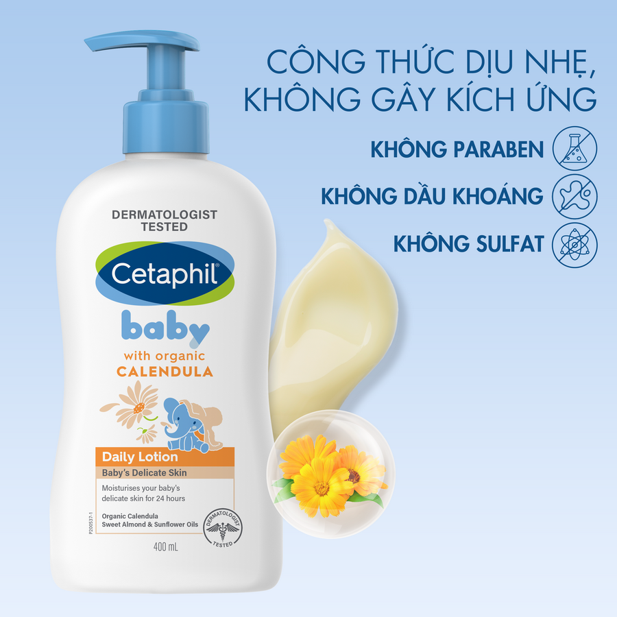 Combo Sữa tắm gội Cetaphil Baby W&S with Organic Calendula 400ml + Sữa dưỡng thể Cetaphil Baby with Organic Calendula 400ml