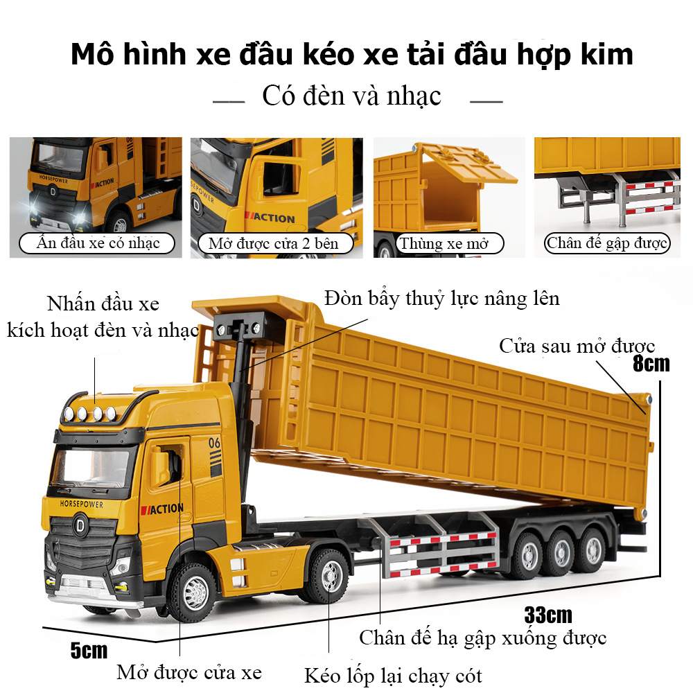 Đồ chơi mô hình xe đầu kéo xe ben bằng hợp kim có nhạc và đèn chạy cót dài 33 cm nâng hạ thùng mở cửa