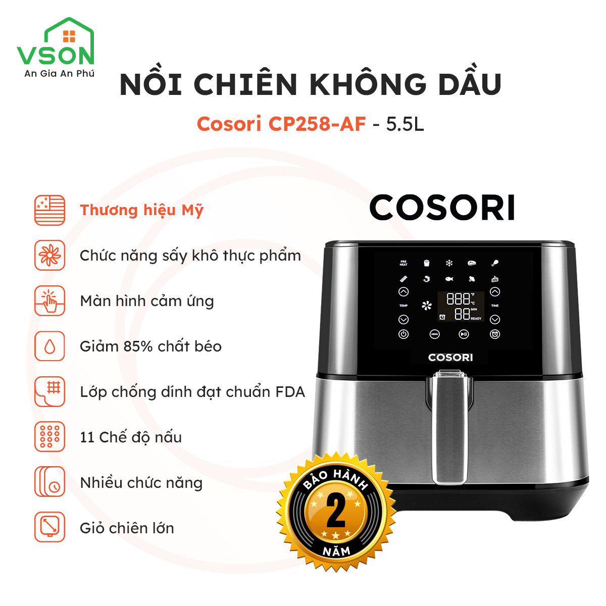 Nồi Chiên Không Dầu Thương Hiệu Mỹ COSORI CP258 5.5L - Màn hình cảm ứng - Chức năng sấy khô - Hàng Chính Hãng