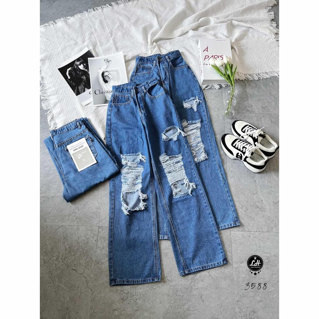 Quần jean nữ ống rộng, quần bò màu xanh ulzzang rách tả tơi hai ống lưng cao Lê Huy Fashion MS 3588