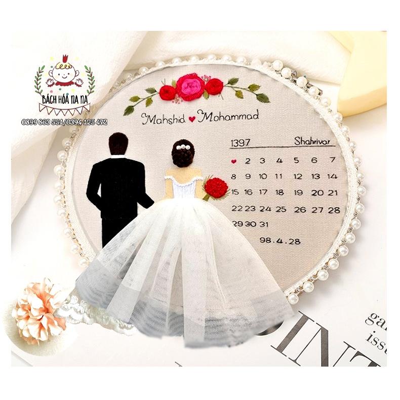 (có sẵn) Kit thêu tay trang trí DIY Bộ Combo thêu kỷ niệm cưới CÓ KHUNG, kit tập thêu mẫu WEDDING HOOP