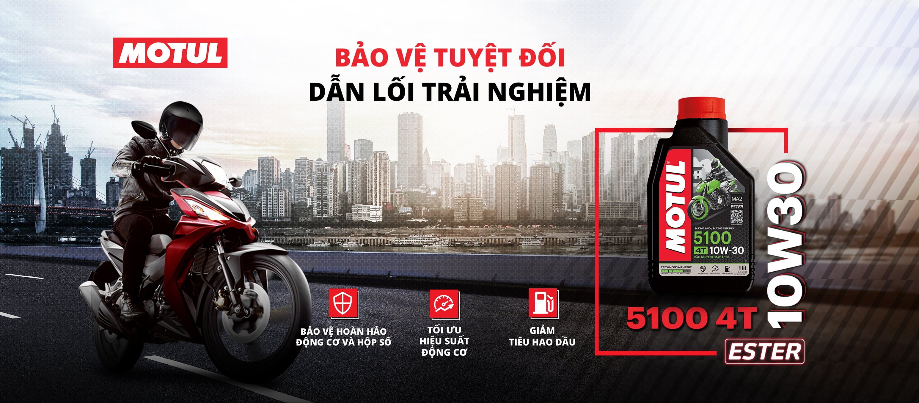 Nhớt xe số đời mới cao cấp Motul 5100 4T 10W30 công nghệ Ester tổng hợp 100% API SM, MA2 - dùng đường phố đường trường xe đời mới NKLUBE