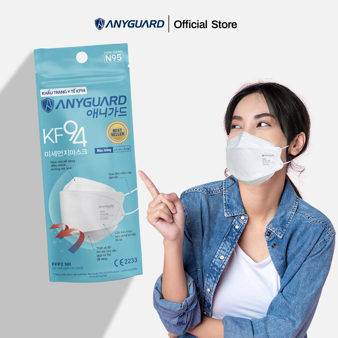 ComBo (15 Chiếc) Khẩu Trang Y Tế Anyguard KF94 Tiêu Chuẩn Châu Âu FFP2 - Lọc 94% Bụi Mịn và PM2.5, Ngăn 99% Vi Khuẩn, An Toàn Cho Da Nhạy Cảm (3 Gói)