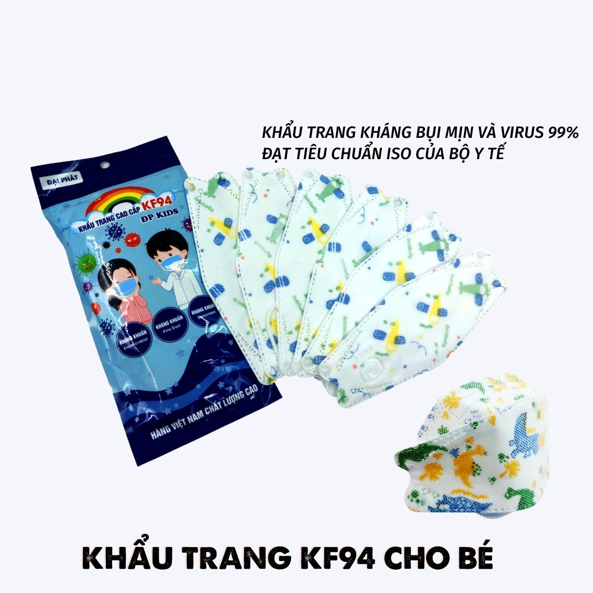 Khẩu Trang Trẻ Em - Túi 10 Chiếc - Khẩu Trang KF94, 4 Lớp Kháng Khuẩn, Khung Vòm 3D Cho Bé Với Hoạ Tiết Dễ Thương