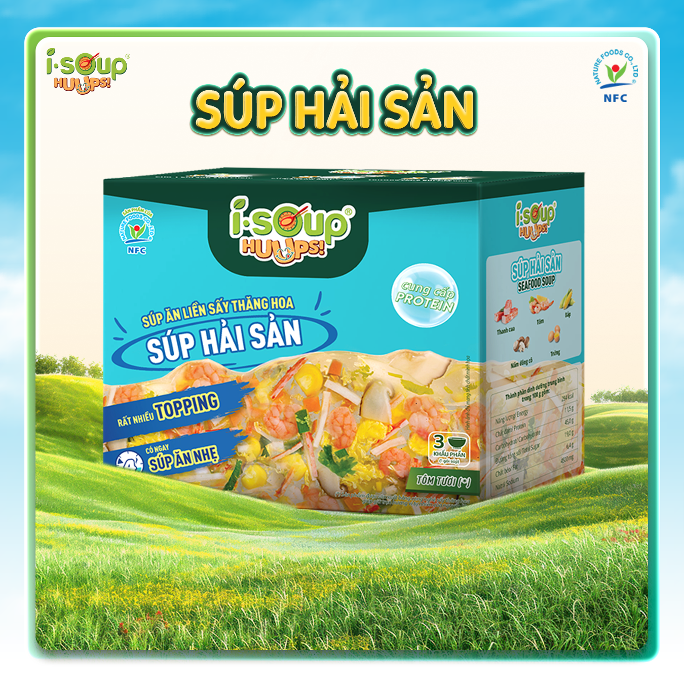 Súp Hải Sản Ăn Liền ISOUP HUUPS Ngon,Dinh Dưỡng,Tiện Lợi (Hộp X 3 Viên) - Súp Ăn Liền Sấy Thăng Hoa