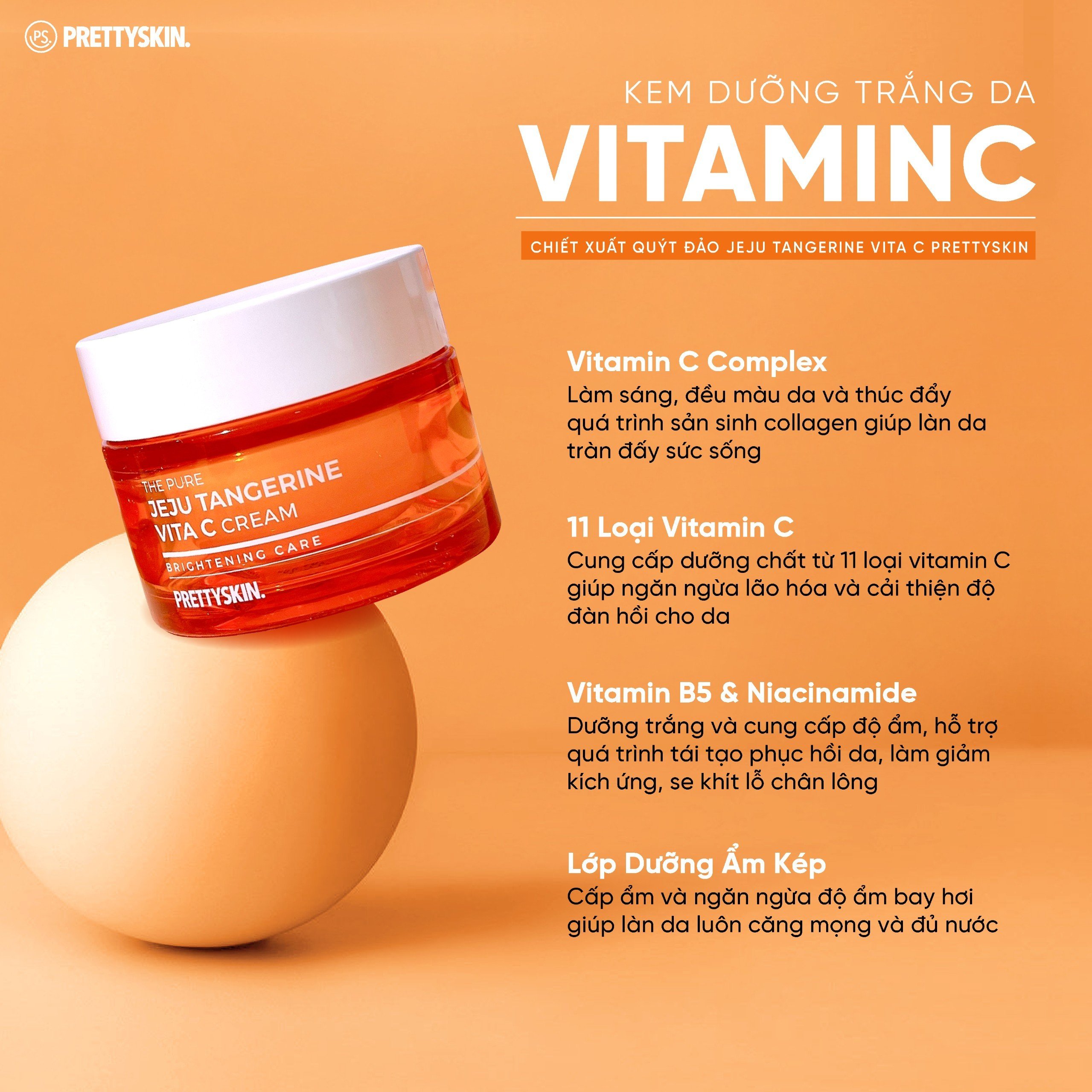 Kem Dưỡng Sáng Da, Phục Hồi Cấp Ẩm Vitamin C Pretty Skin 52ml The Pure Jeju Tangerine Vita C