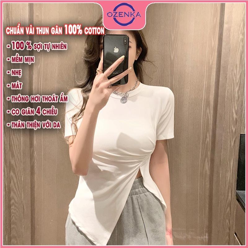 Áo thun croptop sẻ tà tay ngắn cổ tròn nữ, áo crt kiểu Hàn Quốc ôm body màu đen trắng đẹp mặc đi học dưới 50 cân