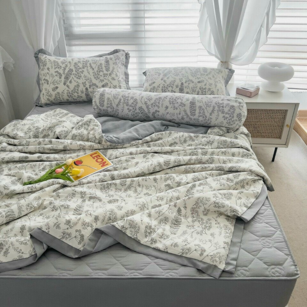Bộ chăn ga gối cotton đũi chần bông 5 món nhập khẩu