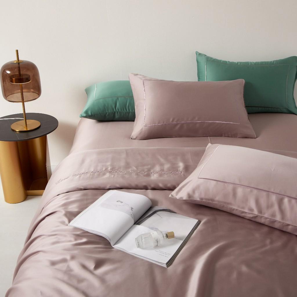 Bộ chăn ga gối cao cấp 100%Tencel 100s, Hồng thêu phối đẳng cấp, chất liệu siêu mềm mát mịn