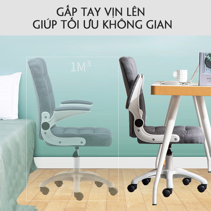 Ghế xoay văn phòng bọc da cao cấp tay vịn gấp lên bánh xe di chuyển - Tặng Gối Rung